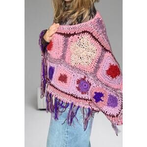 Handmade Pink and Purple Crochet Poncho with Fringe pastels